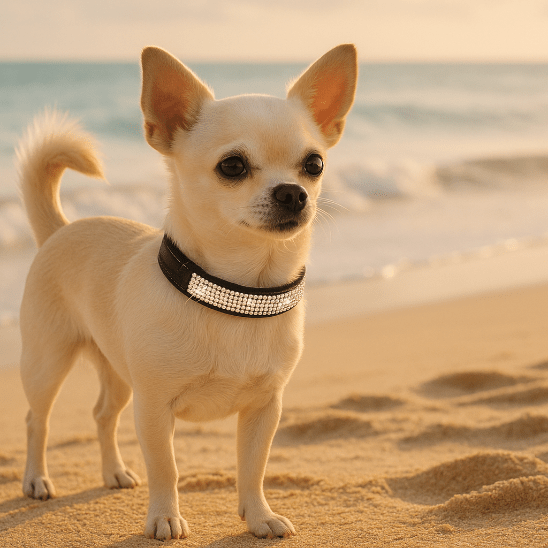 petit chien avec collier chien cuir strass sur plage