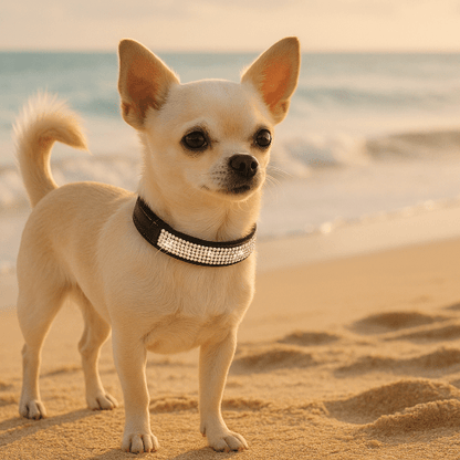 petit chien avec collier chien cuir strass sur plage