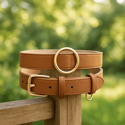 collier cuir chien dans jardin ensoleille